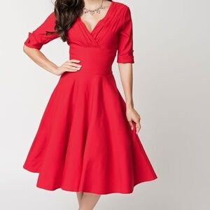 Unique Vintage Red Fit and Flare Midi Dress with V-Neck